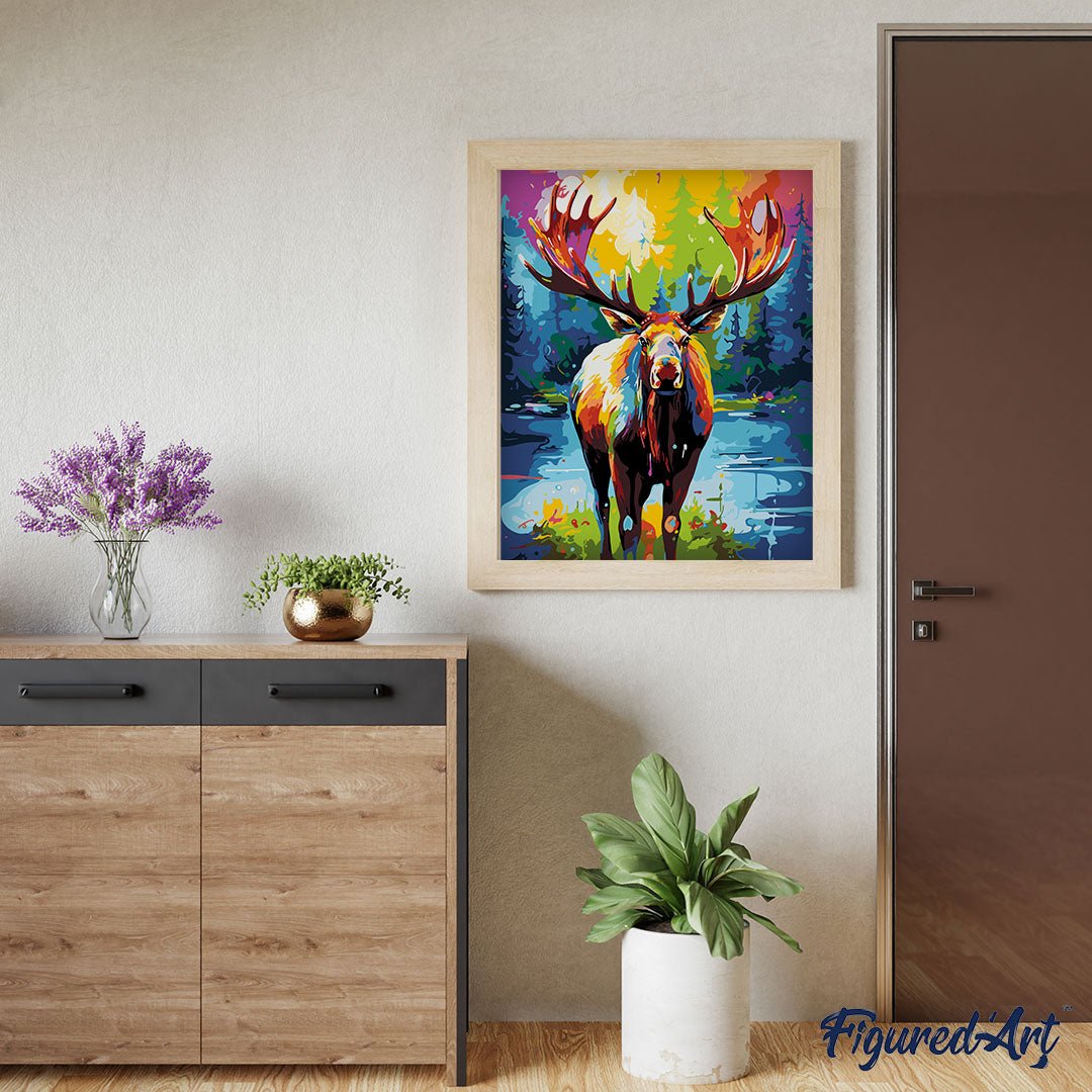 Malen nach Zahlen 40x50cm auf Keilrahmen gespannt Figured’Art Elch Farbenfroh Abstrakt - Kidis Art