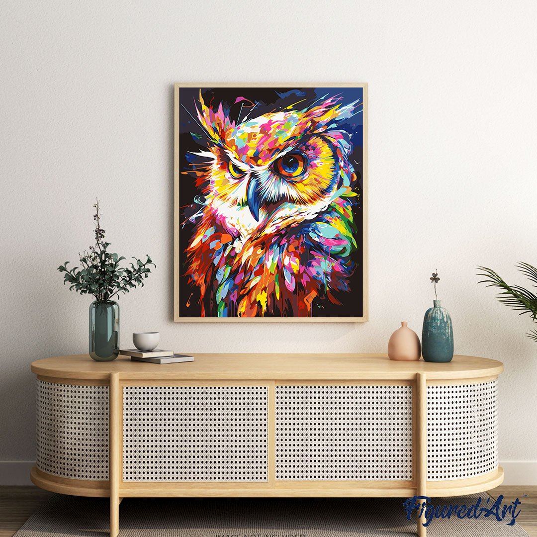 Malen nach Zahlen 40x50cm auf Keilrahmen gespannt Figured’Art Eule Farbenfroh Abstrakt - Kidis Art