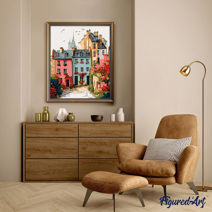 Malen nach Zahlen 40x50cm auf Keilrahmen gespannt Figured’Art Farbenfrohe Altstadt - Kidis Art