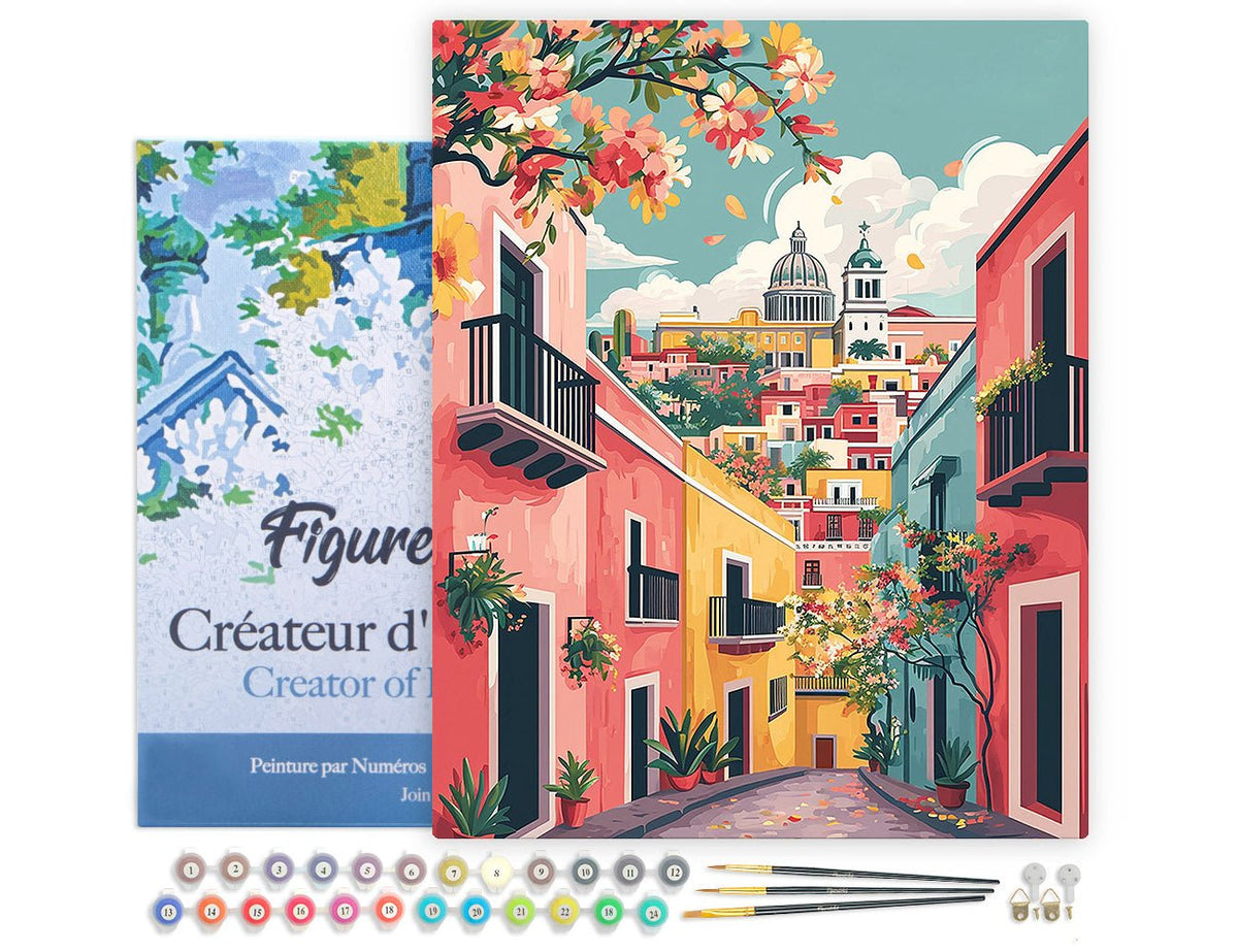 Malen nach Zahlen 40x50cm auf Keilrahmen gespannt Figured’Art Farbenfrohe mediterrane Gasse - Kidis Art