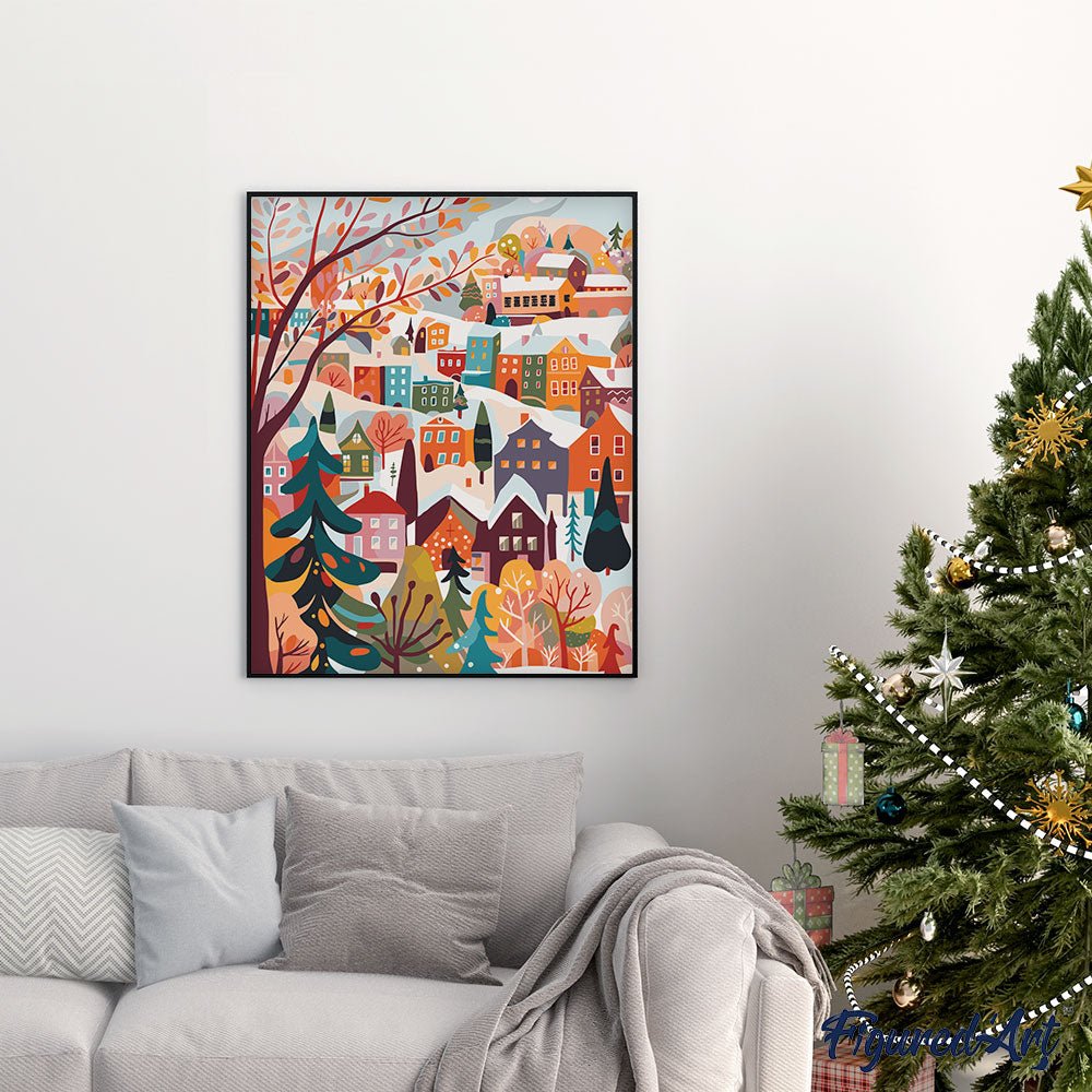 Malen nach Zahlen 40x50cm auf Keilrahmen gespannt Figured’Art Farbenfrohes Winterdorf - Kidis Art
