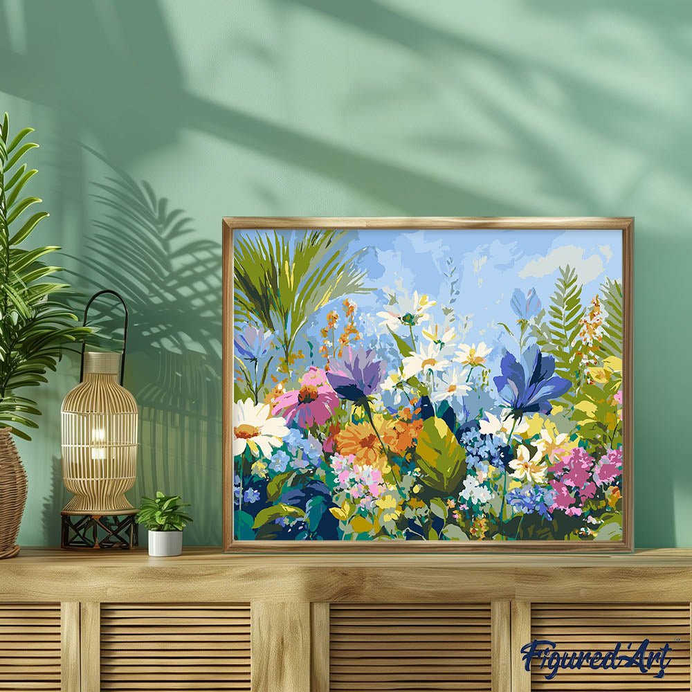 Malen nach Zahlen 40x50cm auf Keilrahmen gespannt Figured’Art Feld voller bunter Blumen - Kidis Art