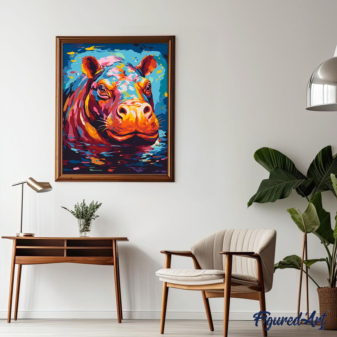Malen nach Zahlen 40x50cm auf Keilrahmen gespannt Figured’Art Flusspferd Farbenfroh Abstrakt - Kidis Art