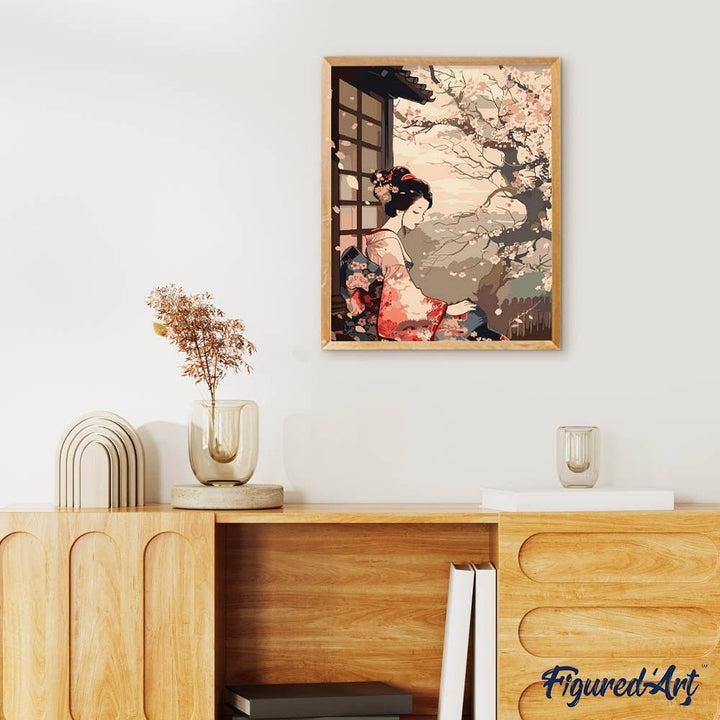 Malen nach Zahlen 40x50cm auf Keilrahmen gespannt Figured’Art Frau im Vintage-Kimono und Kirschblüten - Kidis Art