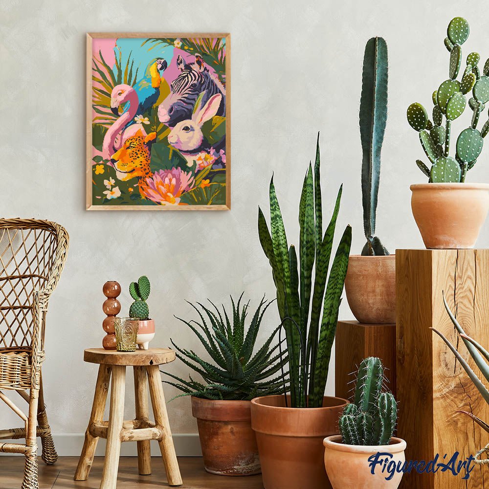 Malen nach Zahlen 40x50cm auf Keilrahmen gespannt Figured’Art Freunde aus dem Dschungel - Kidis Art