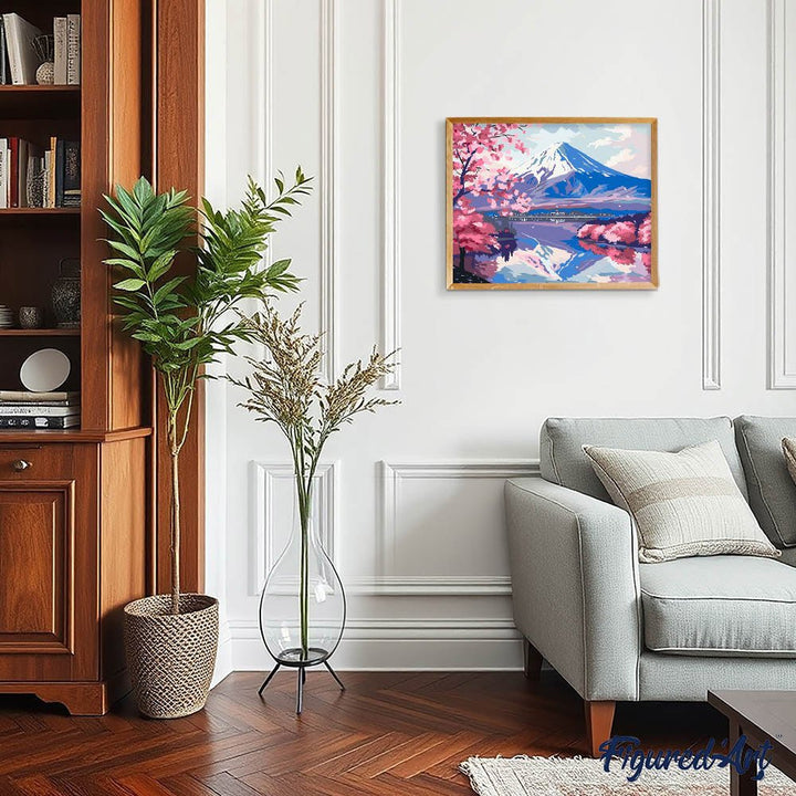 Malen nach Zahlen 40x50cm auf Keilrahmen gespannt Figured’Art Fuji und See mit Kirschblüten - Kidis Art