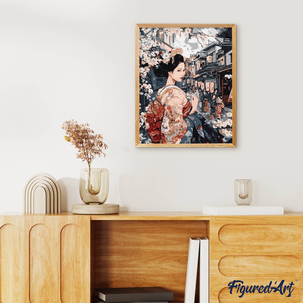 Malen nach Zahlen 40x50cm auf Keilrahmen gespannt Figured’Art Geisha in einer Vintage-Straße - Kidis Art