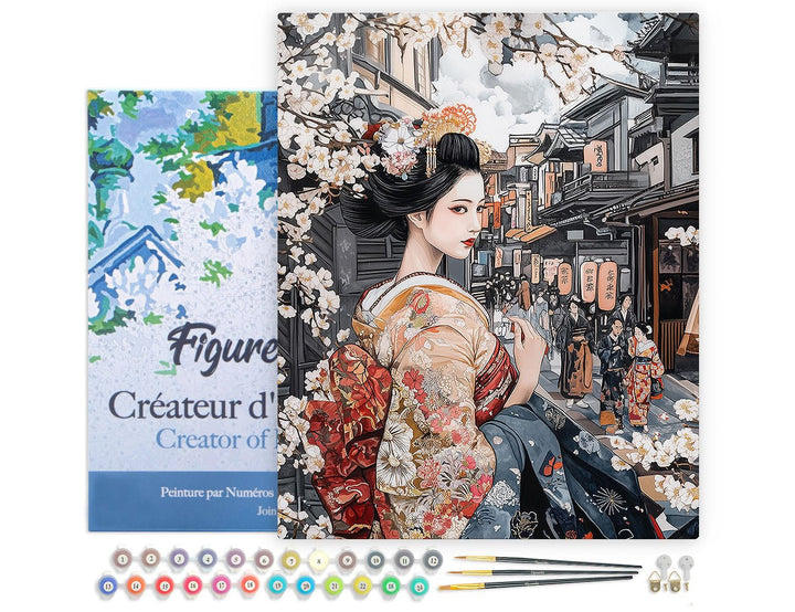 Malen nach Zahlen 40x50cm auf Keilrahmen gespannt Figured’Art Geisha in einer Vintage-Straße - Kidis Art