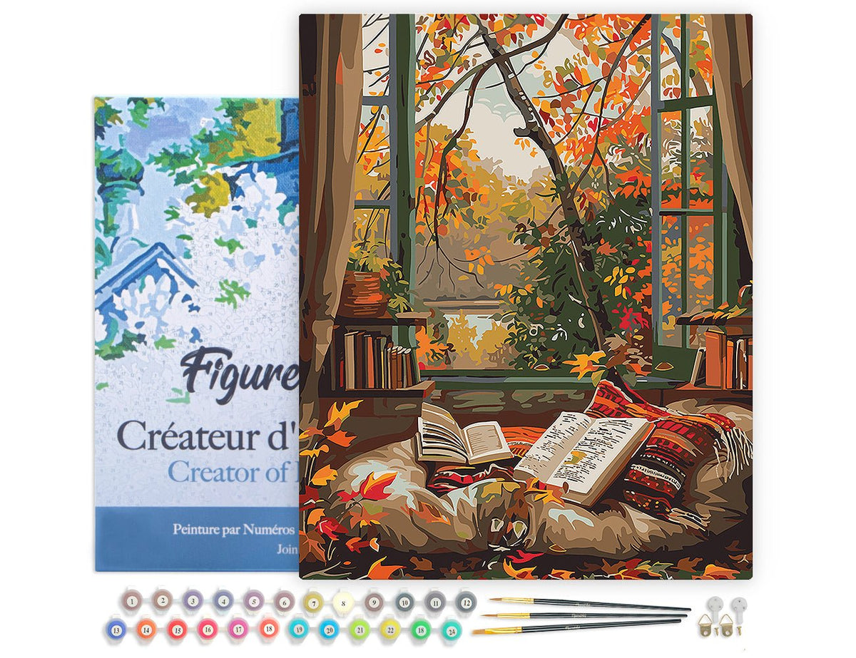 Malen nach Zahlen 40x50cm auf Keilrahmen gespannt Figured’Art Gemütliches Lesen im Herbst - Kidis Art