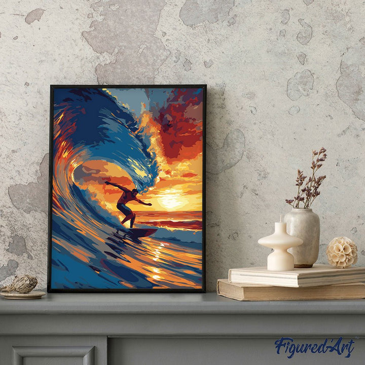Malen nach Zahlen 40x50cm auf Keilrahmen gespannt Figured’Art Grosswellen-Surfen - Kidis Art