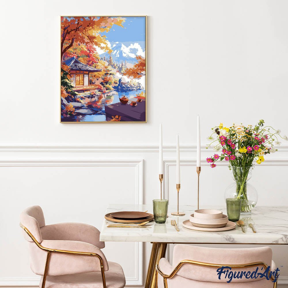 Malen nach Zahlen 40x50cm auf Keilrahmen gespannt Figured’Art Herbstliches Teehaus am See - Kidis Art