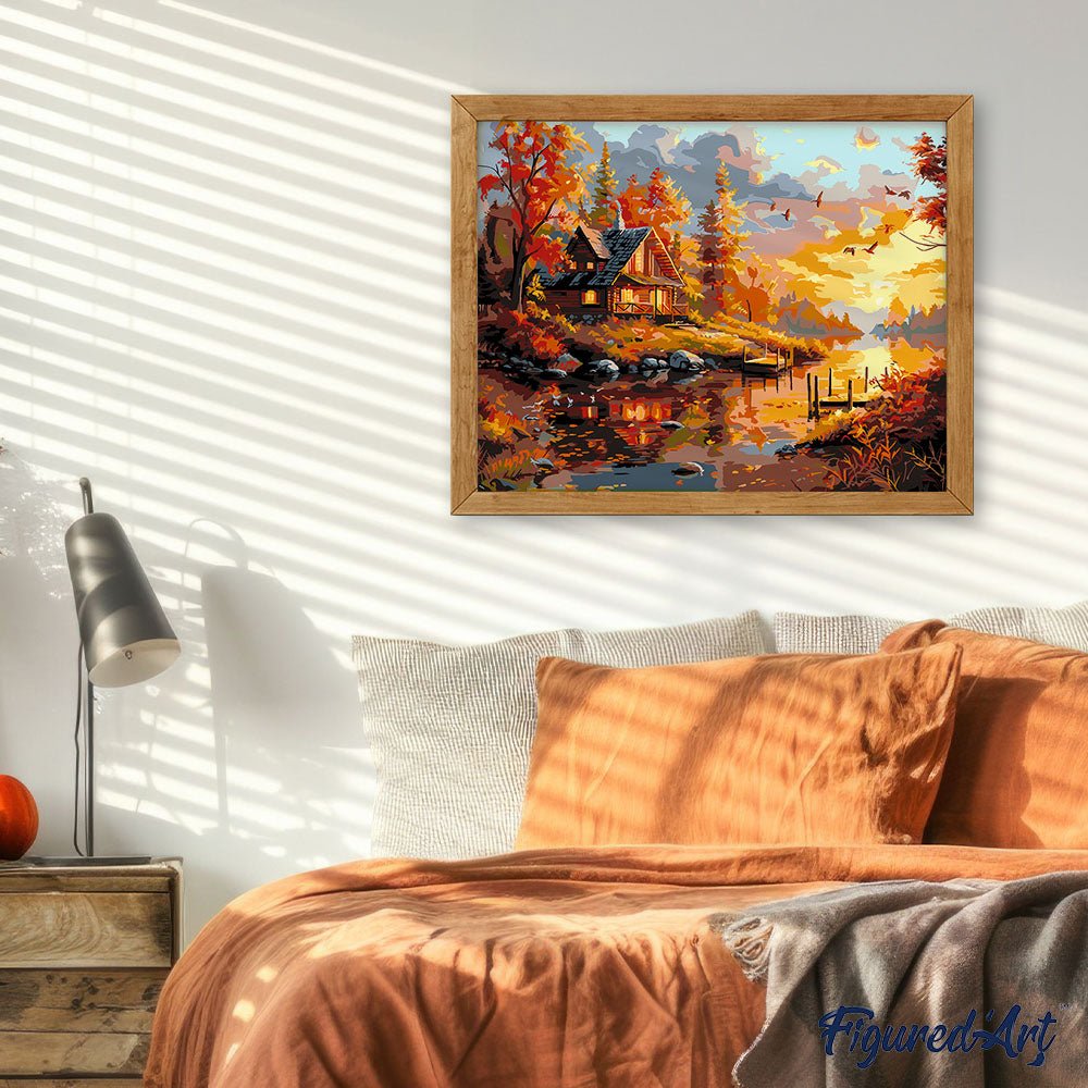 Malen nach Zahlen 40x50cm auf Keilrahmen gespannt Figured’Art Herbstsonnenuntergang in der Nähe der Hütte - Kidis Art