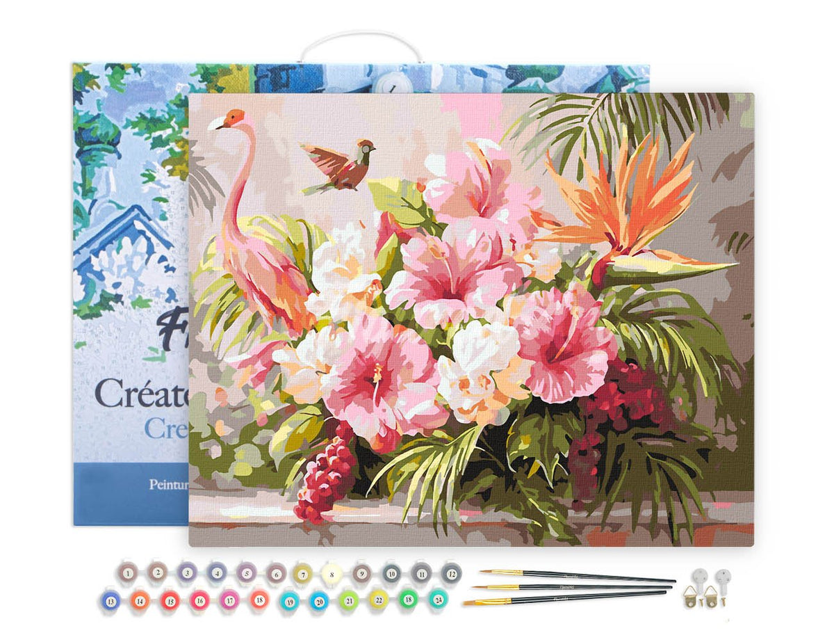 Malen nach Zahlen 40x50cm auf Keilrahmen gespannt Figured’Art Hibiskus und rosa Flamingo - Kidis Art