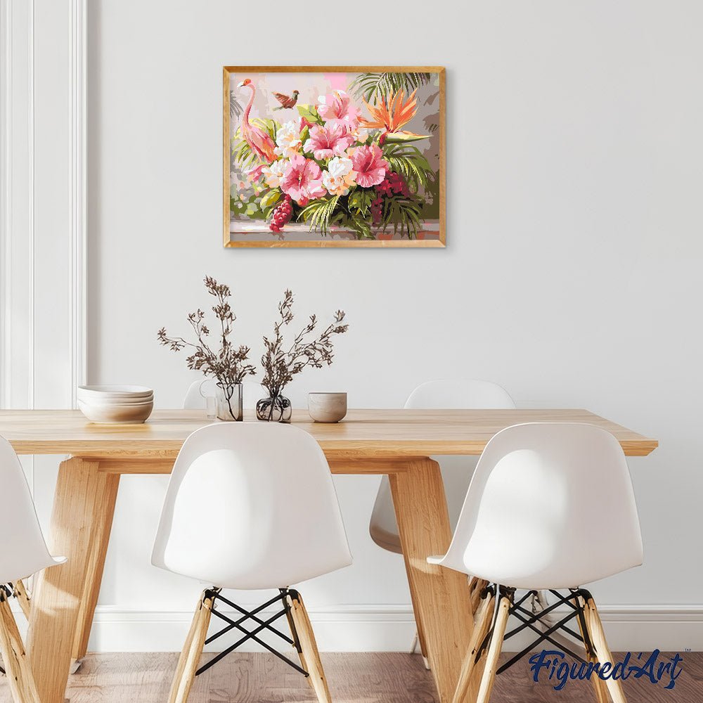 Malen nach Zahlen 40x50cm auf Keilrahmen gespannt Figured’Art Hibiskus und rosa Flamingo - Kidis Art
