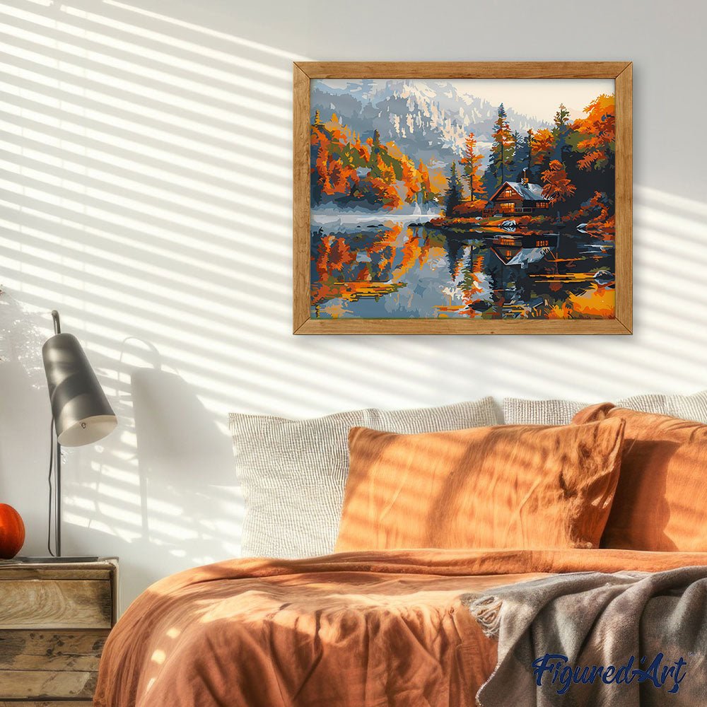 Malen nach Zahlen 40x50cm auf Keilrahmen gespannt Figured’Art Hütte am See im Herbst - Kidis Art