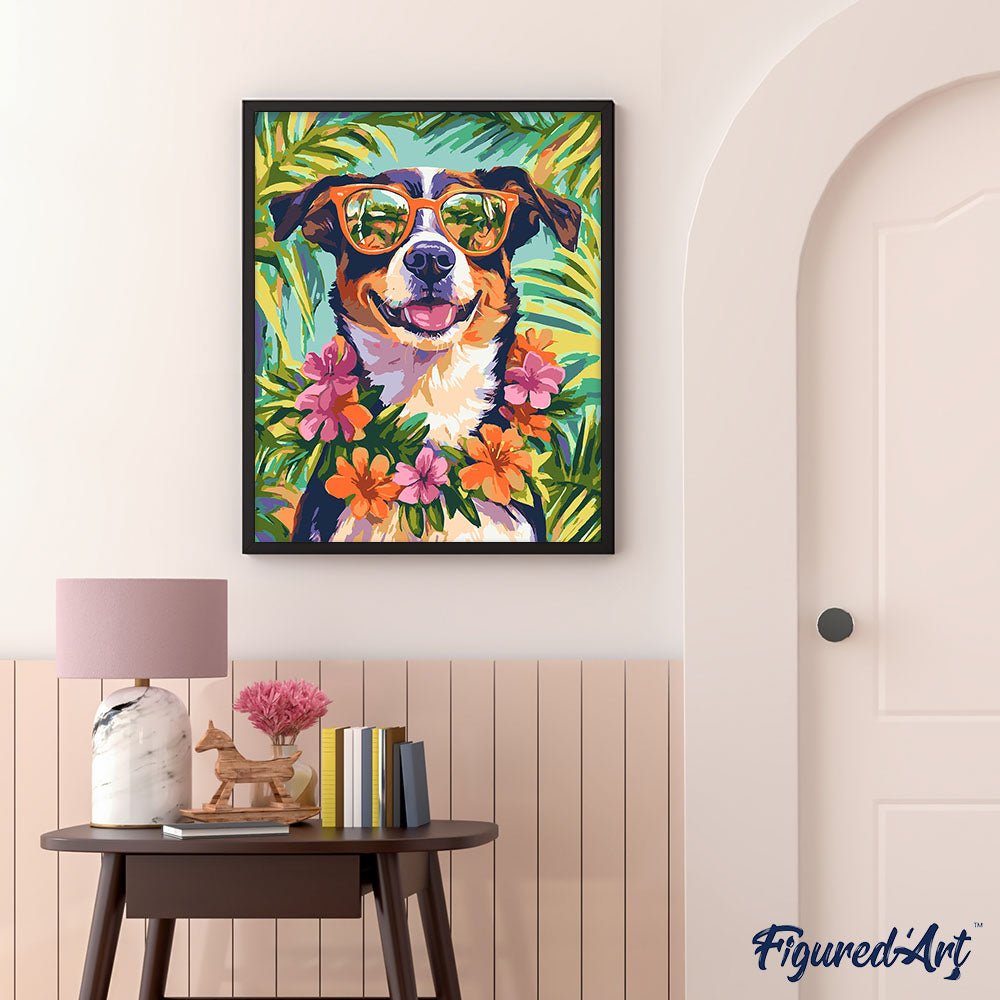 Malen nach Zahlen 40x50cm auf Keilrahmen gespannt Figured’Art Hund im Urlaub - Kidis Art