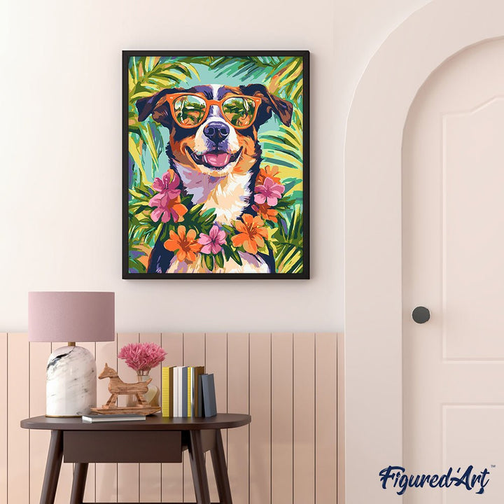 Malen nach Zahlen 40x50cm auf Keilrahmen gespannt Figured’Art Hund im Urlaub - Kidis Art