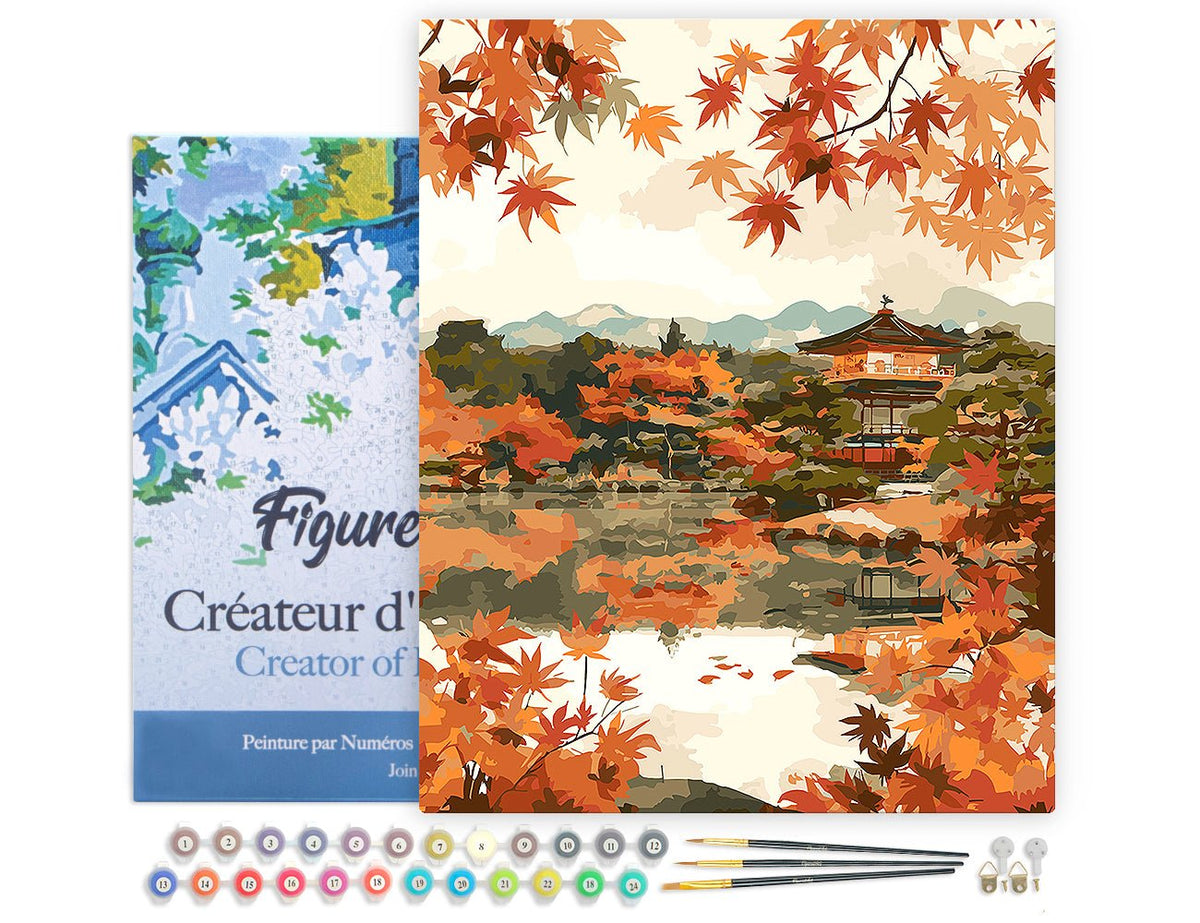 Malen nach Zahlen 40x50cm auf Keilrahmen gespannt Figured’Art Japanischer Tempel am See im Herbst - Kidis Art