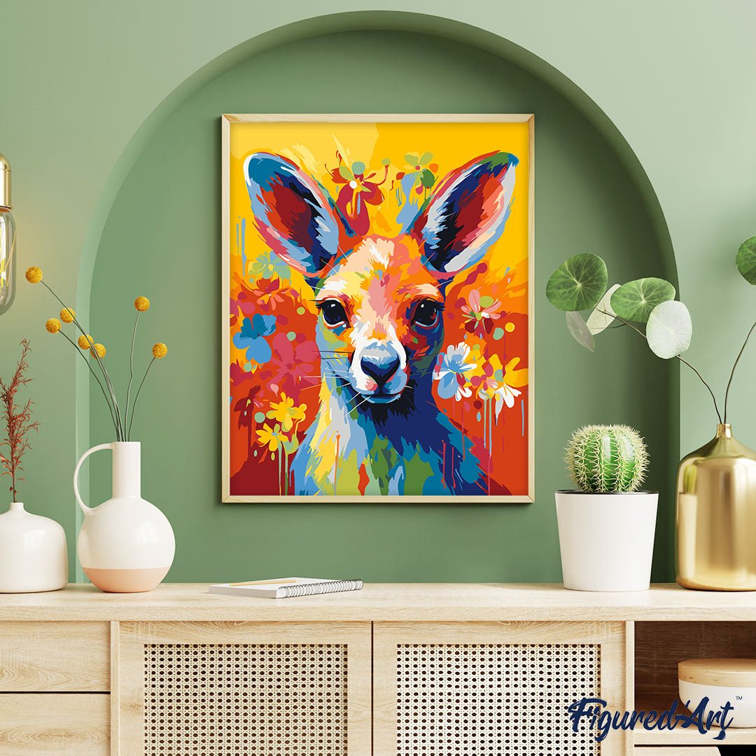 Malen nach Zahlen 40x50cm auf Keilrahmen gespannt Figured’Art Känguru Farbenfroh Abstrakt - Kidis Art