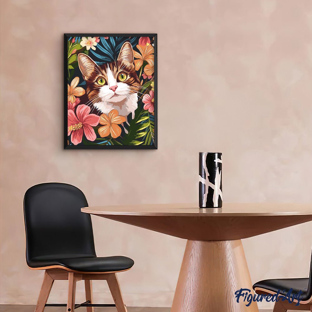 Malen nach Zahlen 40x50cm auf Keilrahmen gespannt Figured’Art Katze mit tropischen Blumen - Kidis Art
