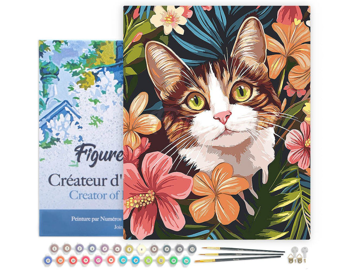 Malen nach Zahlen 40x50cm auf Keilrahmen gespannt Figured’Art Katze mit tropischen Blumen - Kidis Art