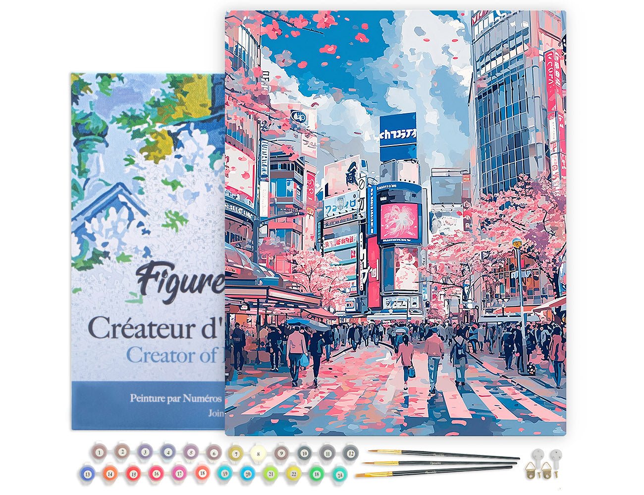 Malen nach Zahlen 40x50cm auf Keilrahmen gespannt Figured’Art Kirschblüten in Shibuya - Kidis Art