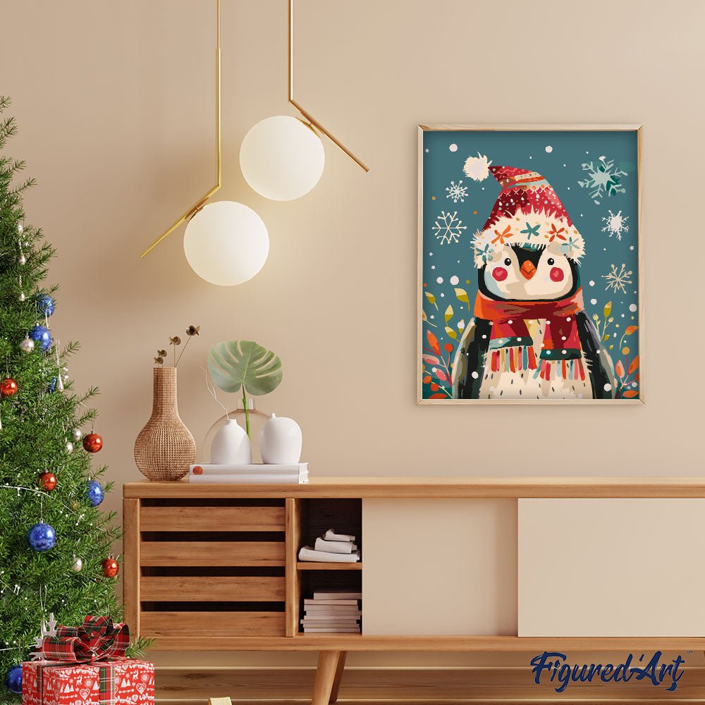 Malen nach Zahlen 40x50cm auf Keilrahmen gespannt Figured’Art Kleiner Weihnachts-Pinguin - Kidis Art