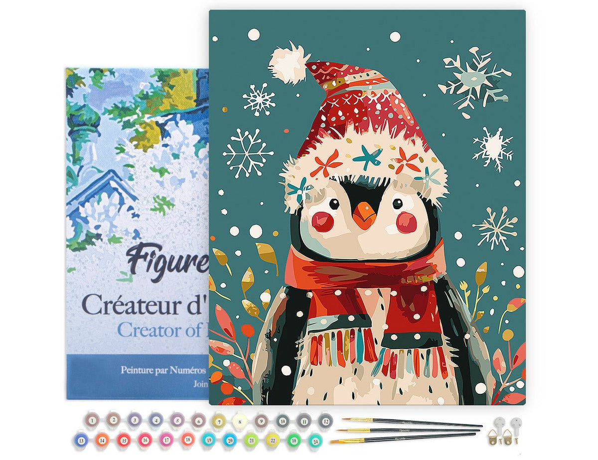 Malen nach Zahlen 40x50cm auf Keilrahmen gespannt Figured’Art Kleiner Weihnachts-Pinguin - Kidis Art