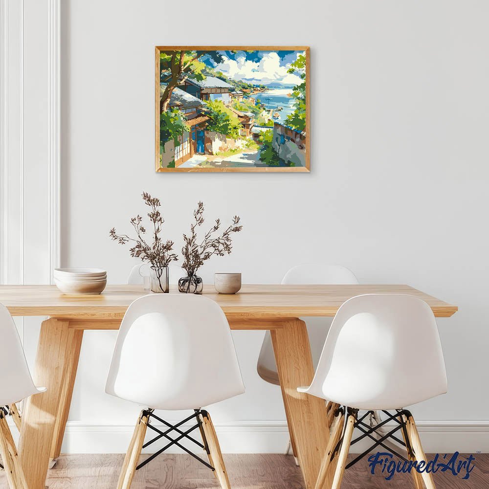 Malen nach Zahlen 40x50cm auf Keilrahmen gespannt Figured’Art Küstenort in Japan - Kidis Art