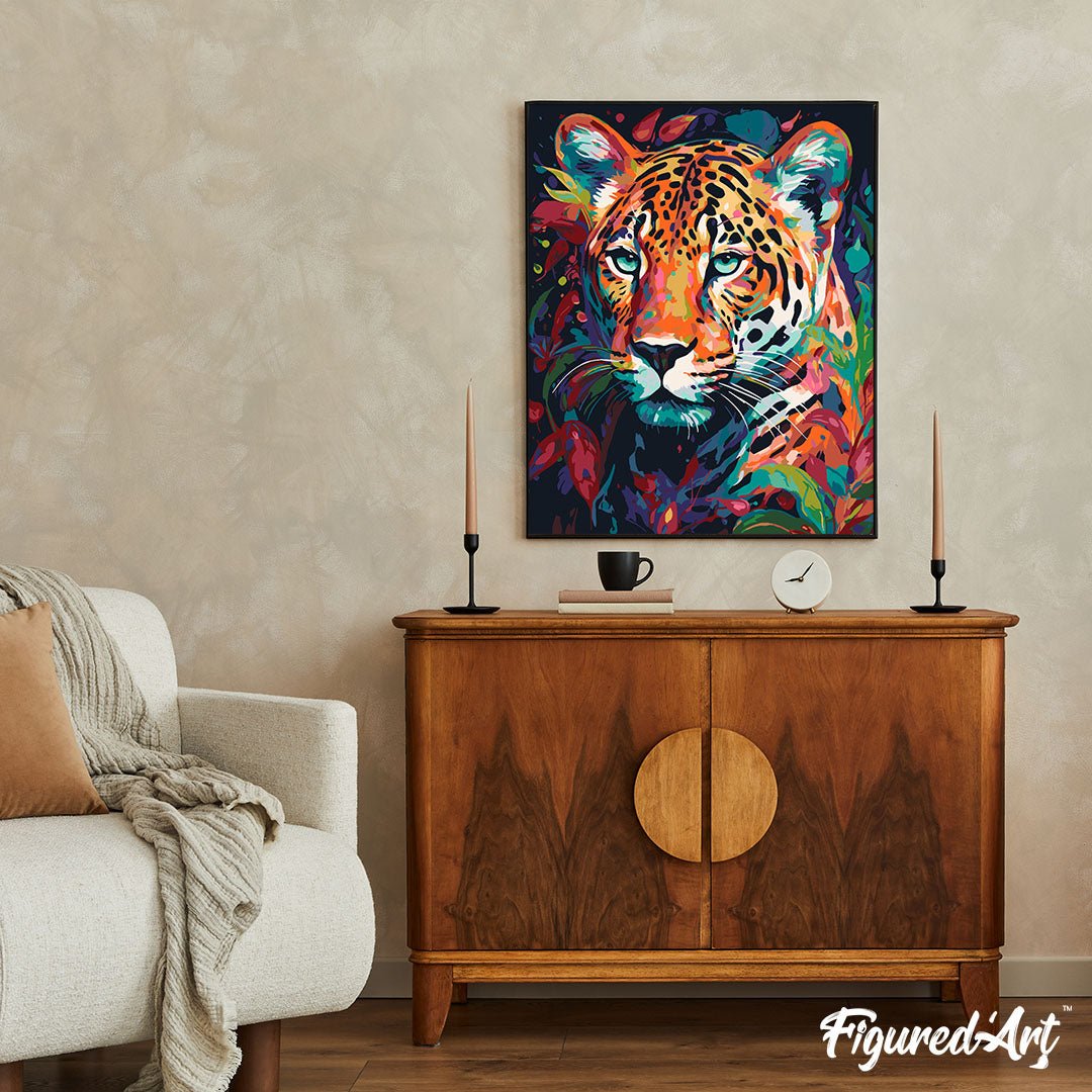 Malen nach Zahlen 40x50cm auf Keilrahmen gespannt Figured’Art Leopard Farbenfroh Abstrakt - Kidis Art