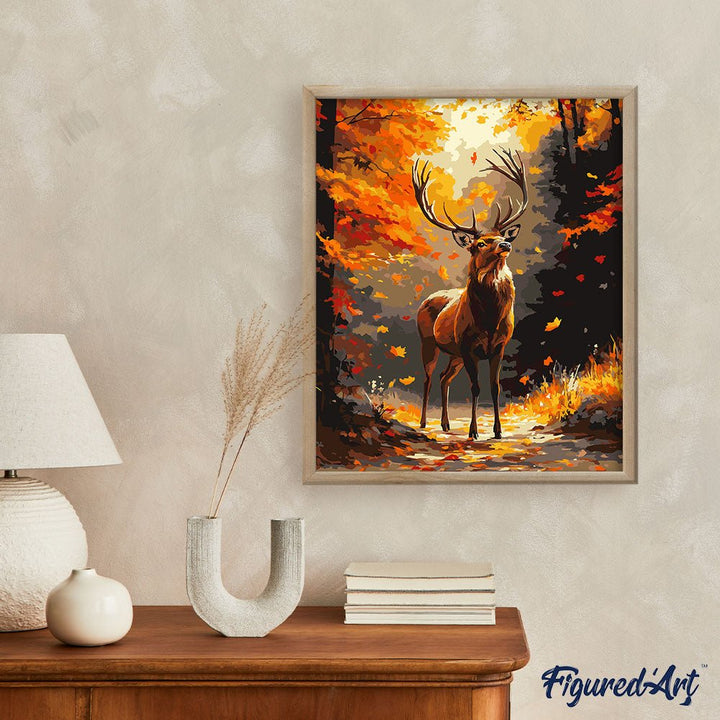 Malen nach Zahlen 40x50cm auf Keilrahmen gespannt Figured’Art Majestätischer Hirsch im Herbst - Kidis Art