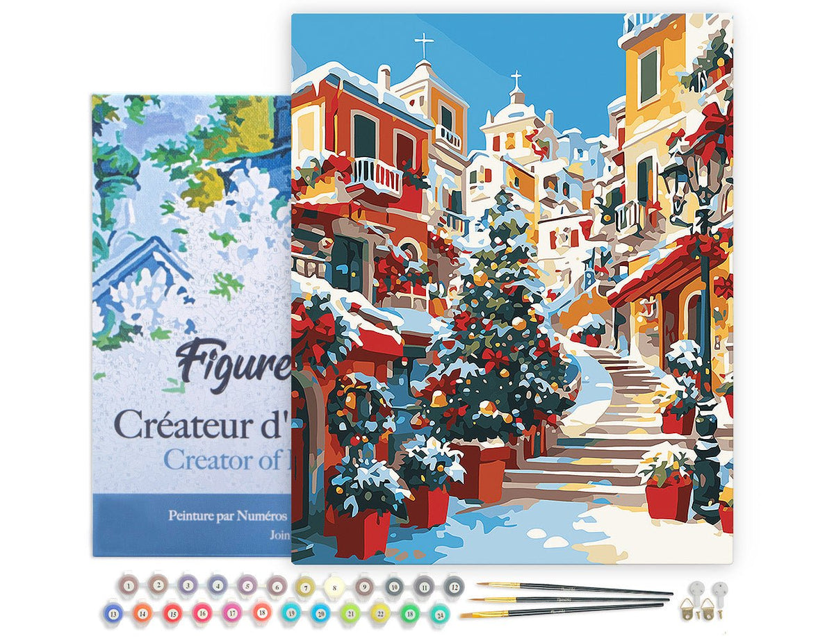 Malen nach Zahlen 40x50cm auf Keilrahmen gespannt Figured’Art Mediterranes Weihnachtsdorf - Kidis Art