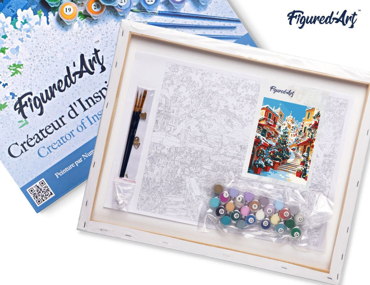 Malen nach Zahlen 40x50cm auf Keilrahmen gespannt Figured’Art Mediterranes Weihnachtsdorf - Kidis Art