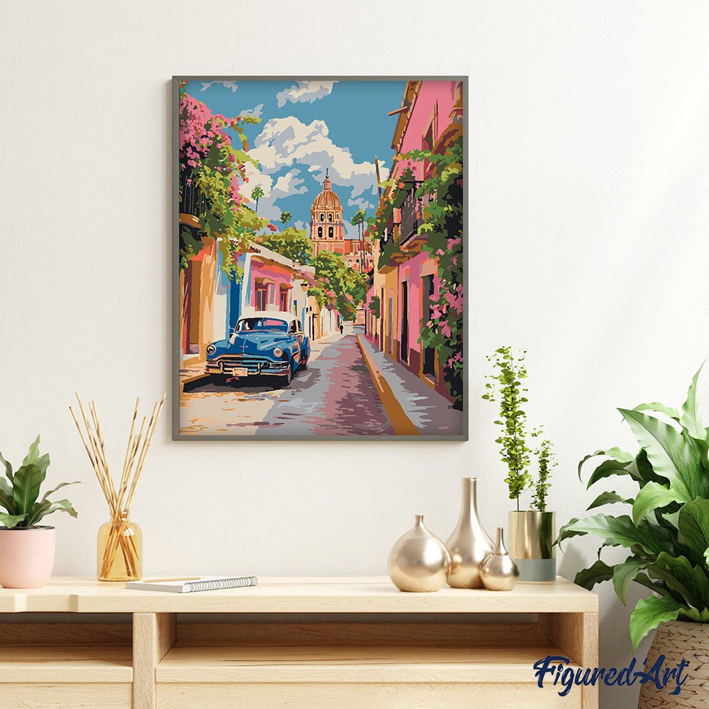 Malen nach Zahlen 40x50cm auf Keilrahmen gespannt Figured’Art Oldtimer Auto in Mexiko City - Kidis Art