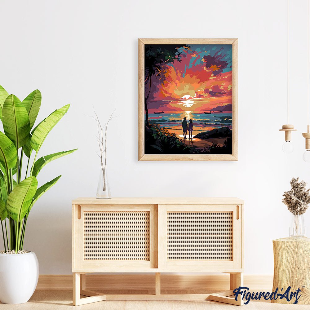 Malen nach Zahlen 40x50cm auf Keilrahmen gespannt Figured’Art Pärchen und bunter Sonnenuntergang - Kidis Art