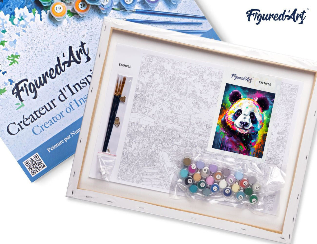 Malen nach Zahlen 40x50cm auf Keilrahmen gespannt Figured’Art Panda Farbenfroh Abstrakt - Kidis Art