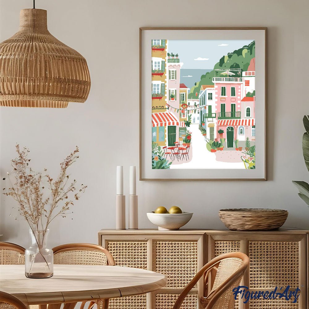 Malen nach Zahlen 40x50cm auf Keilrahmen gespannt Figured’Art Pastellfarbene Küstenstadt - Kidis Art