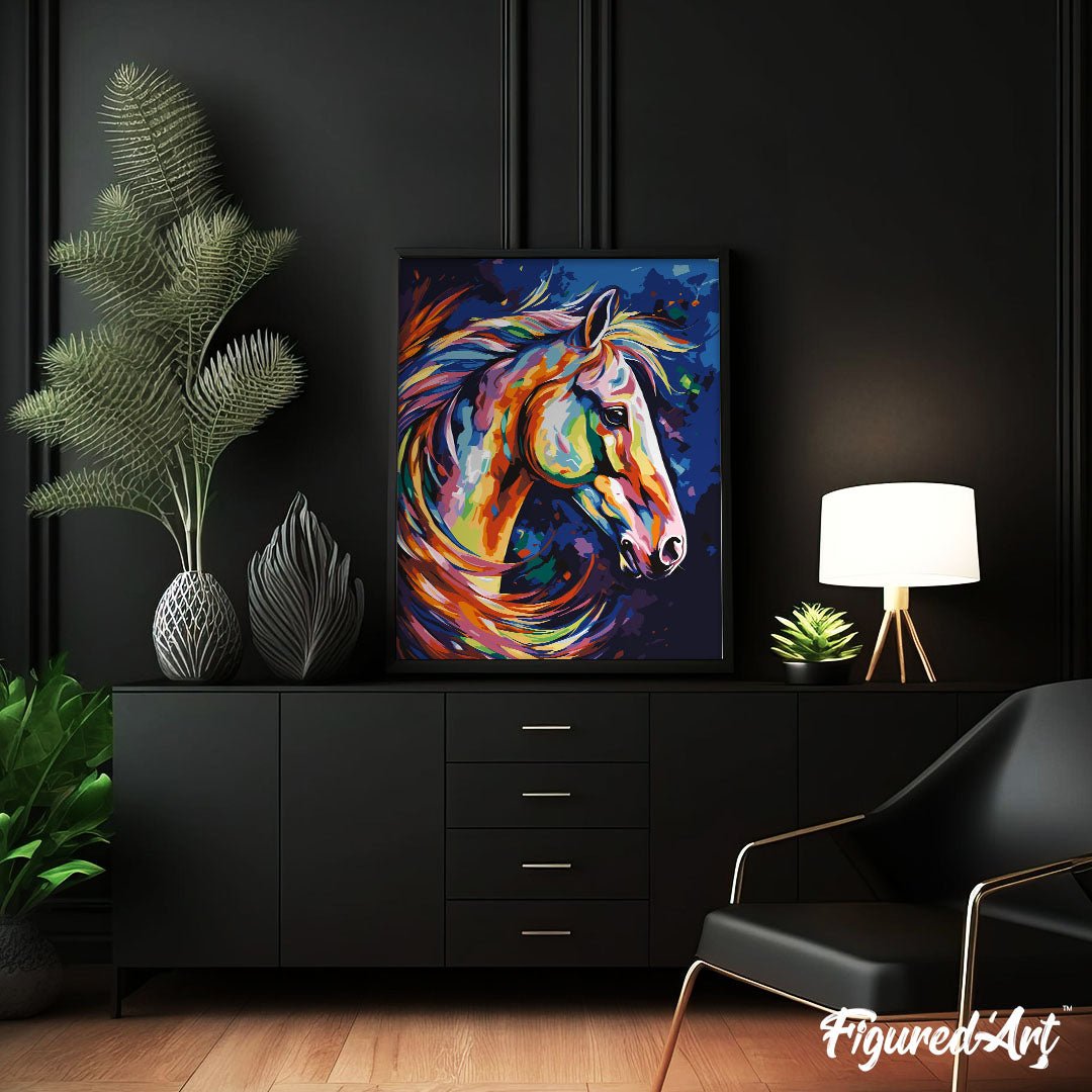 Malen nach Zahlen 40x50cm auf Keilrahmen gespannt Figured’Art Pferd Farbenfroh Abstrakt - Kidis Art