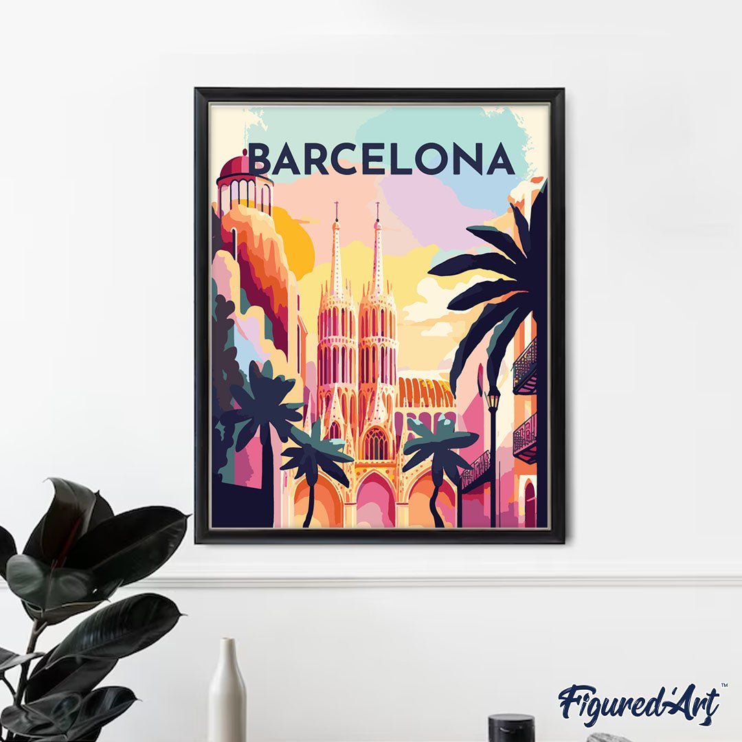 Malen nach Zahlen 40x50cm auf Keilrahmen gespannt Figured’Art Reiseplakat Barcelona - Kidis Art