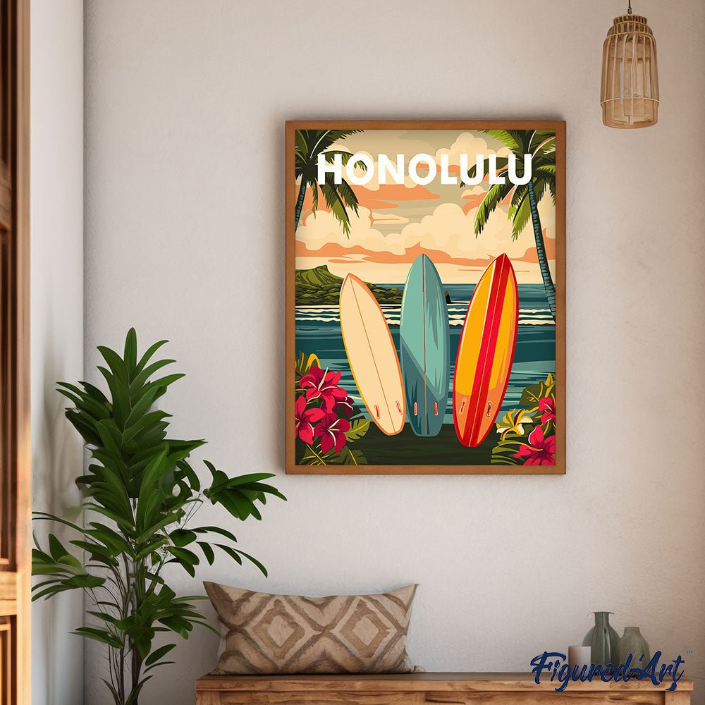 Malen nach Zahlen 40x50cm auf Keilrahmen gespannt Figured’Art Reiseposter Honolulu - Kidis Art