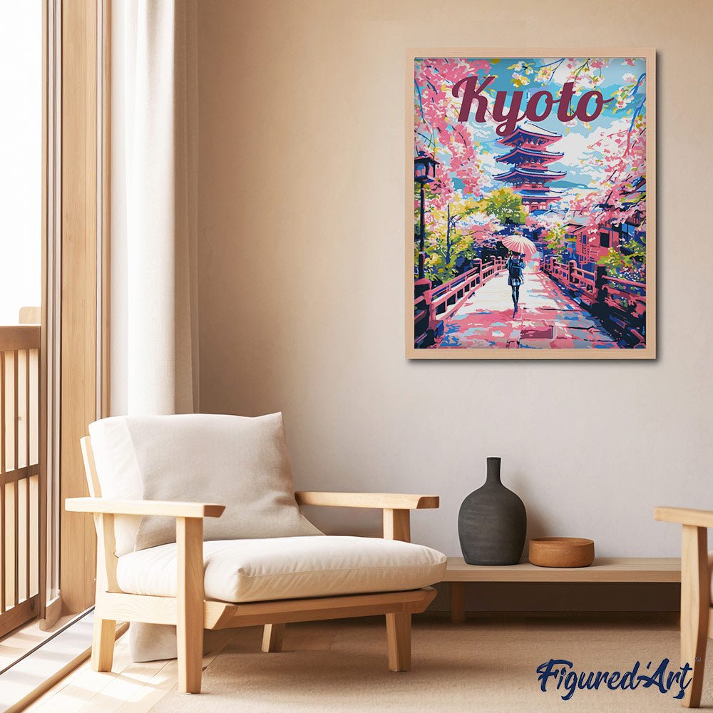 Malen nach Zahlen 40x50cm auf Keilrahmen gespannt Figured’Art Reiseposter Kyoto in voller Blüte - Kidis Art