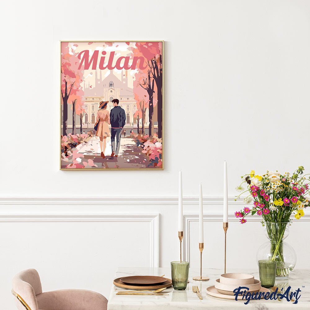 Malen nach Zahlen 40x50cm auf Keilrahmen gespannt Figured’Art Reiseposter Mailand in voller Blüte - Kidis Art