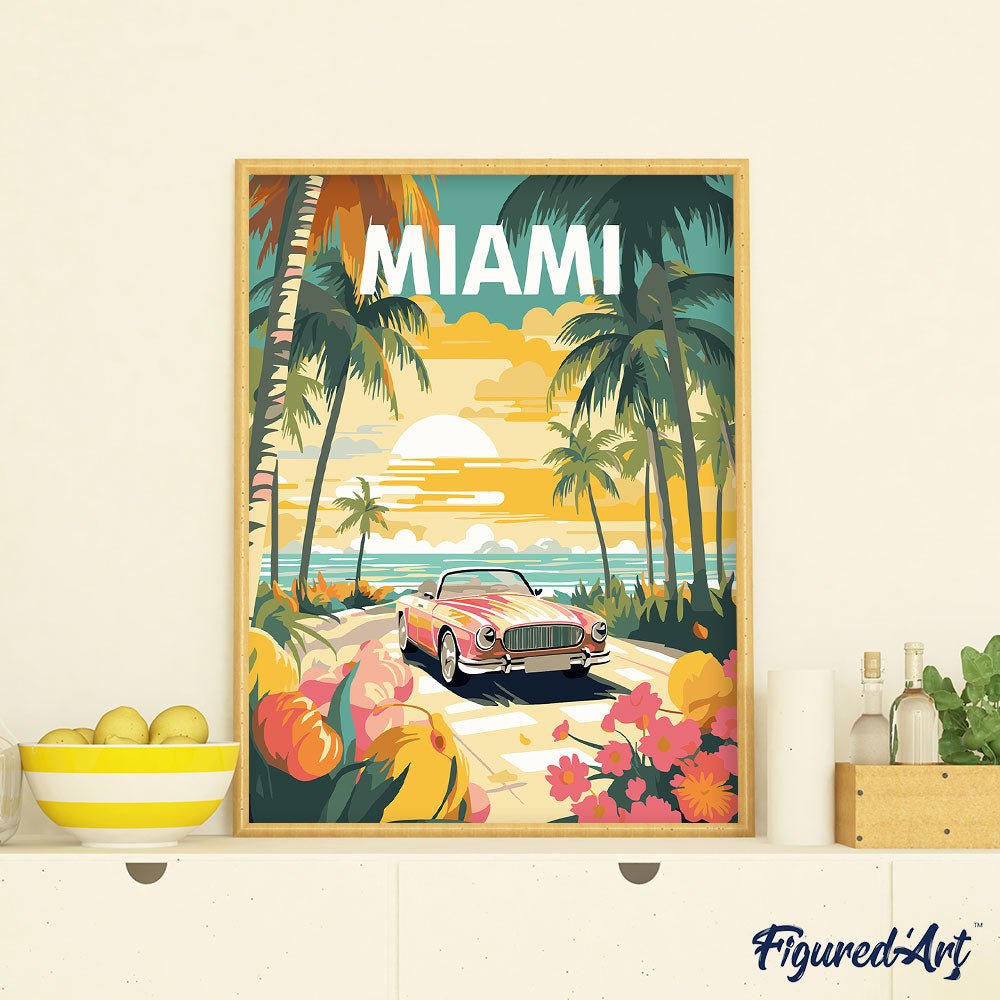 Malen nach Zahlen 40x50cm auf Keilrahmen gespannt Figured’Art Reiseposter Miami Sonnenuntergang - Kidis Art
