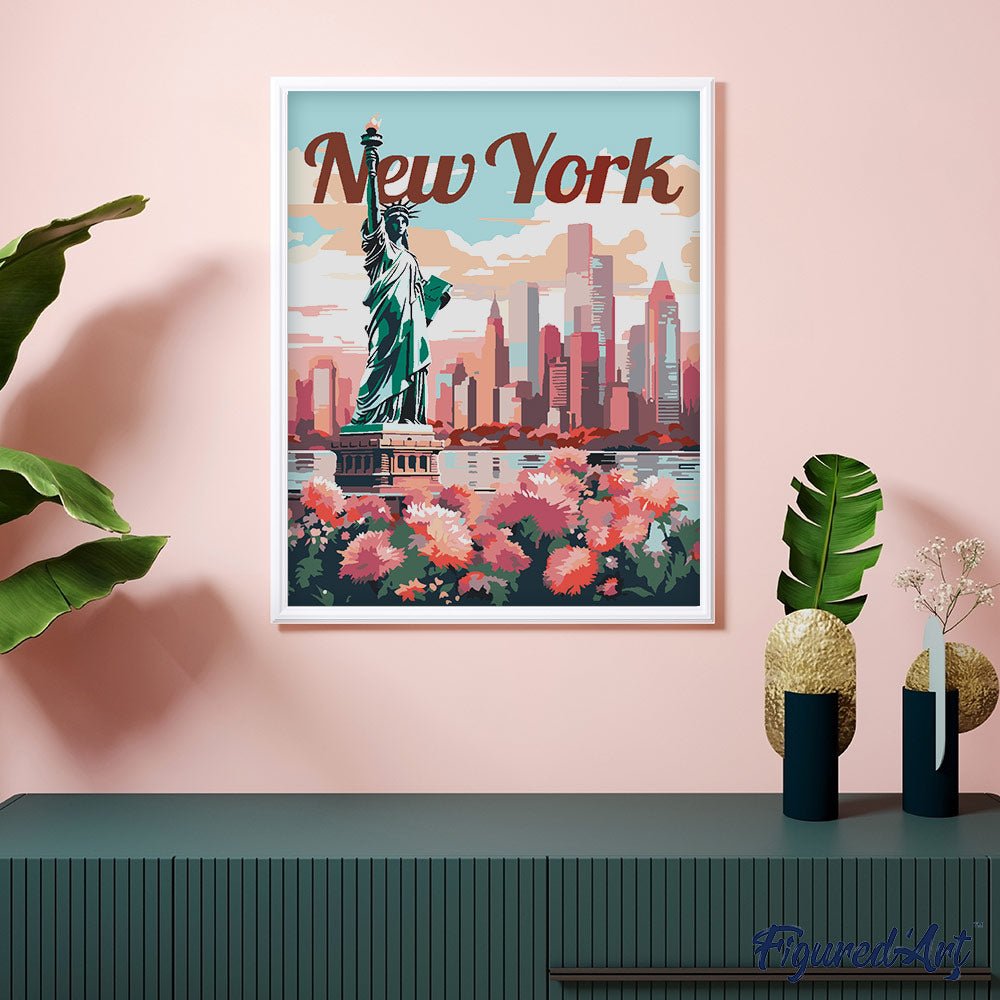 Malen nach Zahlen 40x50cm auf Keilrahmen gespannt Figured’Art Reiseposter New York in voller Blüte - Kidis Art