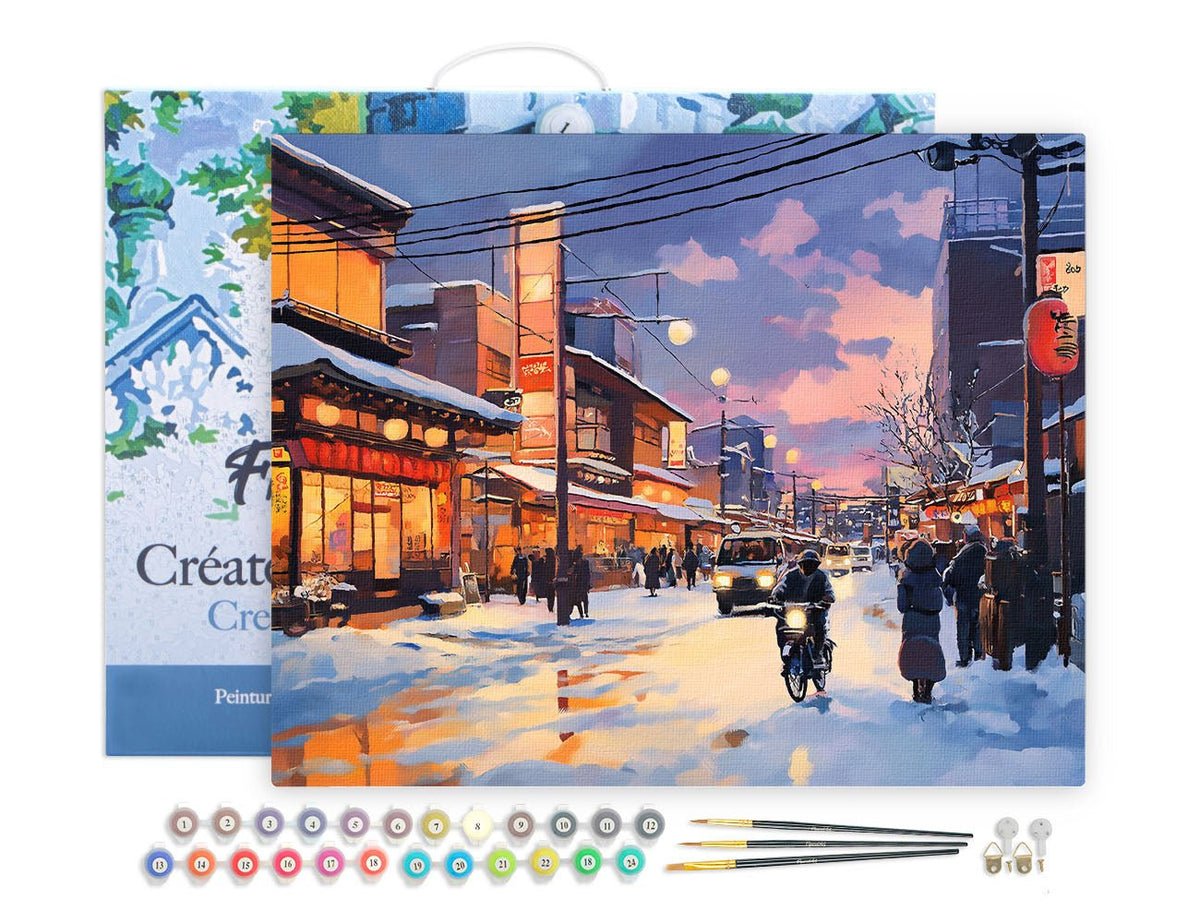 Malen nach Zahlen 40x50cm auf Keilrahmen gespannt Figured’Art Retro-Straße im Winter in Japan - Kidis Art