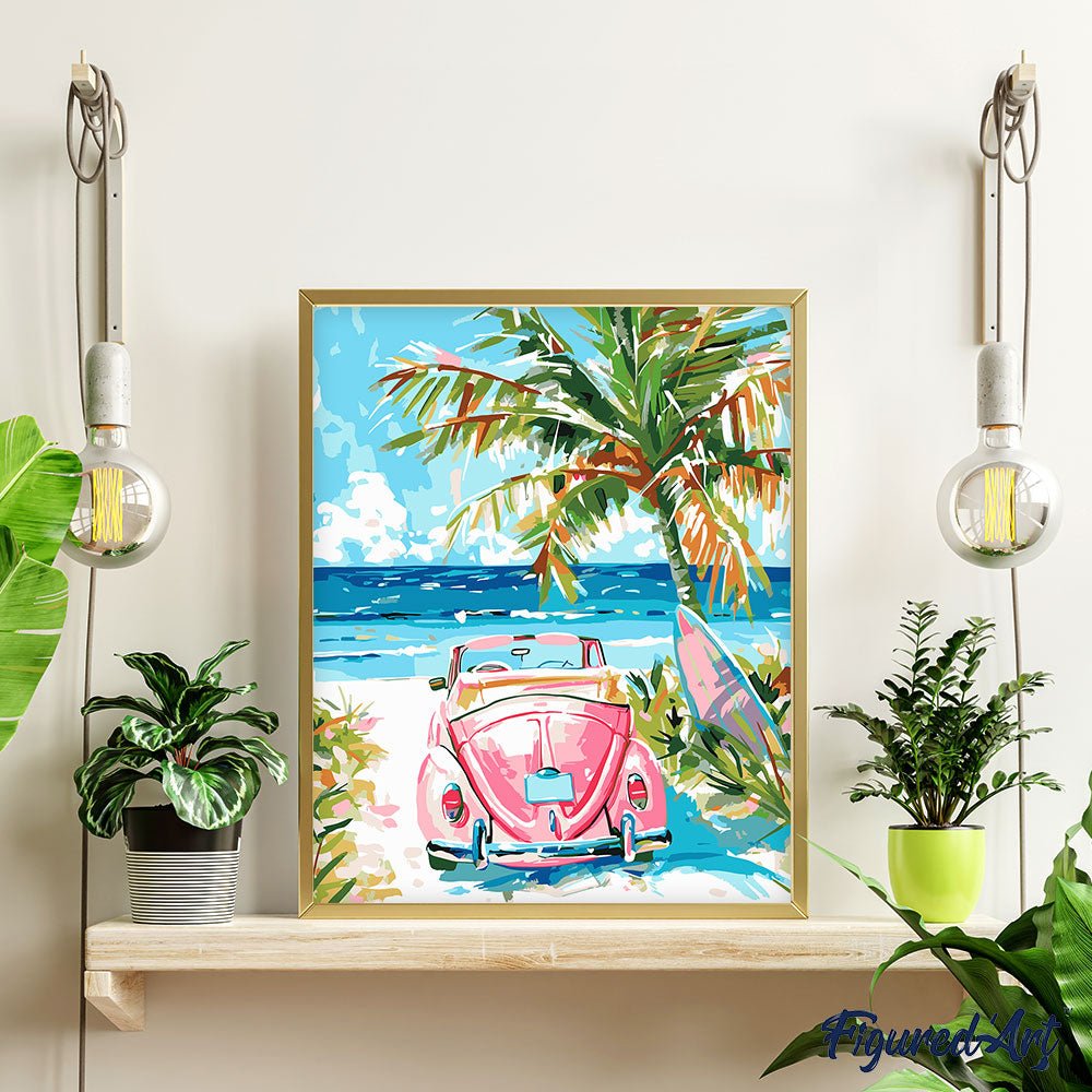 Malen nach Zahlen 40x50cm auf Keilrahmen gespannt Figured’Art Rosa Auto am Meer - Kidis Art