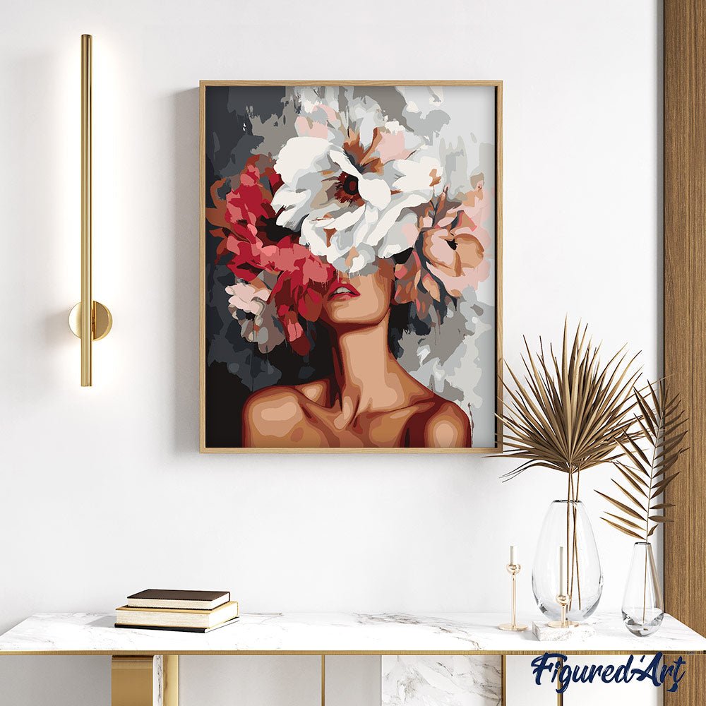 Malen nach Zahlen 40x50cm auf Keilrahmen gespannt Figured’Art Schönheit hinter Blumen - Kidis Art