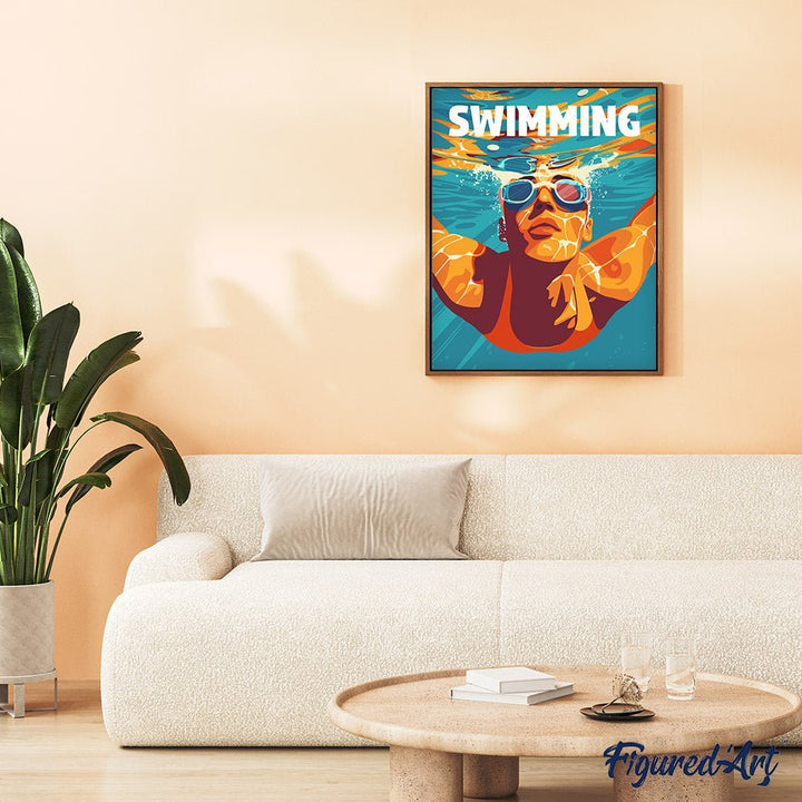 Malen nach Zahlen 40x50cm auf Keilrahmen gespannt Figured’Art Sportposter Schwimmen - Kidis Art