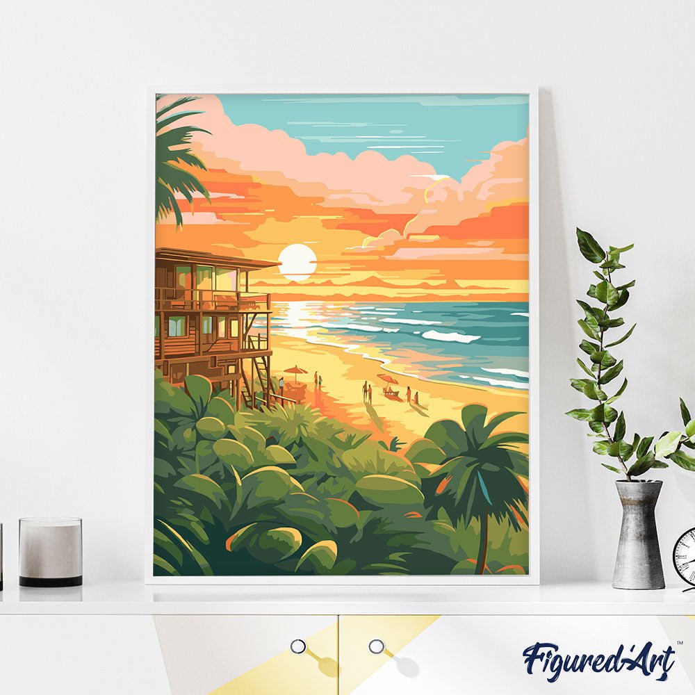Malen nach Zahlen 40x50cm auf Keilrahmen gespannt Figured’Art Strandclub bei Sonnenuntergang - Kidis Art
