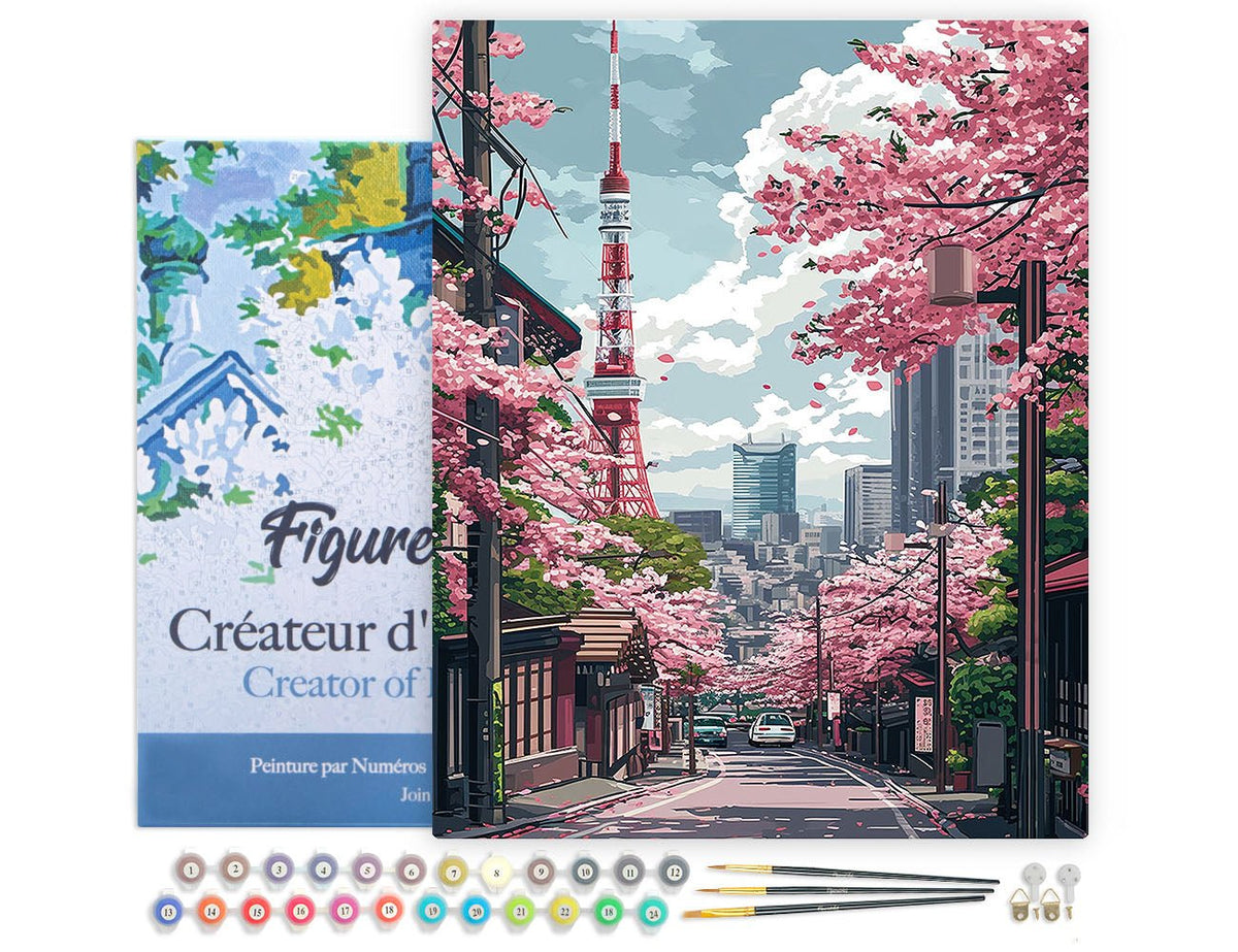 Malen nach Zahlen 40x50cm auf Keilrahmen gespannt Figured’Art Straße mit Kirschblüten in Tokio - Kidis Art